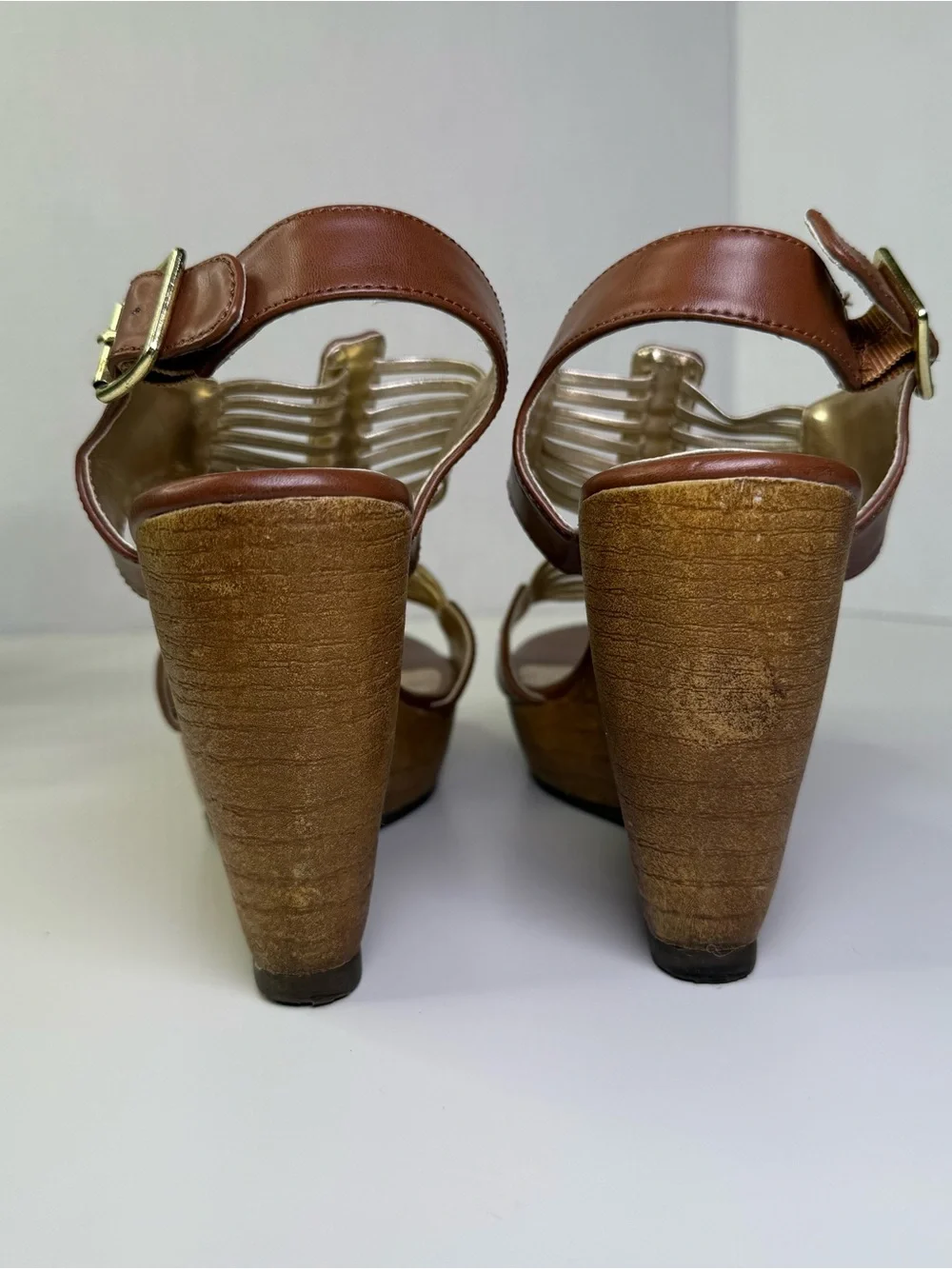 SM New York Y2K Brown & Gold Gladiator Wooden Wedge Sandals Women's Size 10